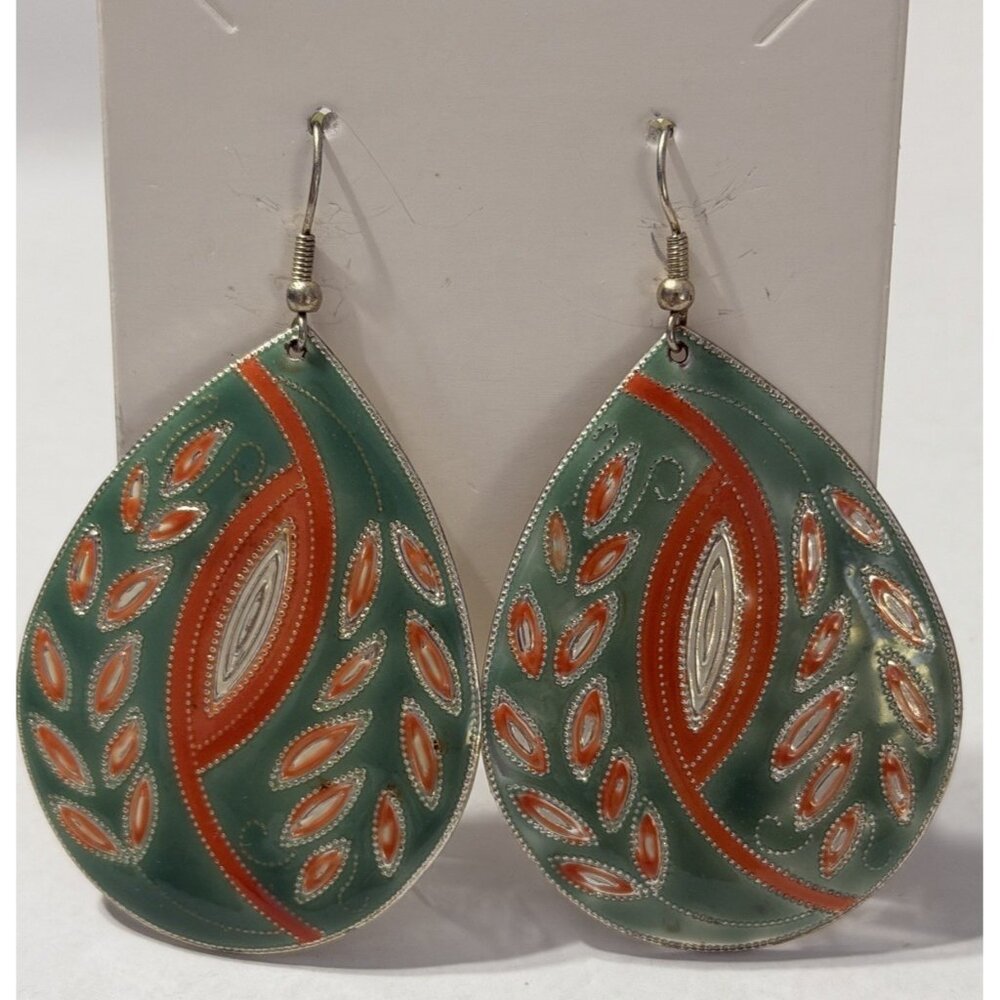 Vintage Boho Teardrop Enamel Dangle Earrings Green Orange Silver Tone Statement